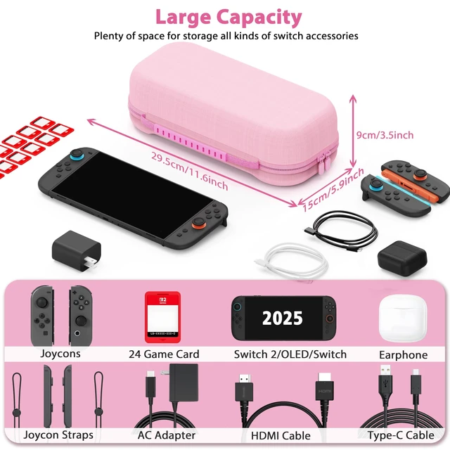 Alt view image 12 of 14 - Carrying Case for Nintendo Switch 2 Model(2025), Large Capacity Travel Case Fits Original Adapter, Joycons, 24 Game Cartridge, Protective Hard Shell Pouch for Switch 2 Accessories, Pink