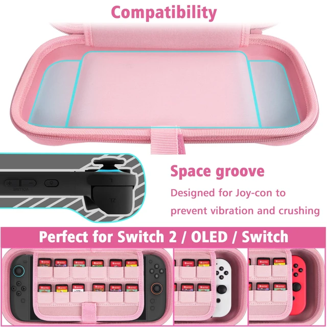 Alt view image 11 of 14 - Carrying Case for Nintendo Switch 2 Model(2025), Large Capacity Travel Case Fits Original Adapter, Joycons, 24 Game Cartridge, Protective Hard Shell Pouch for Switch 2 Accessories, Pink