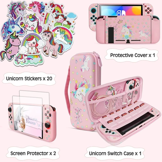 Alt view image 12 of 12 - Pink Unicorn Carrying Case Compatible with Nintendo Switch (Not OLED or Lite) with Dockable Protective Grip Case +Screen Protector +Unicorn Stickers, Hard Storage Case Accessories Kit Bundle for Girls