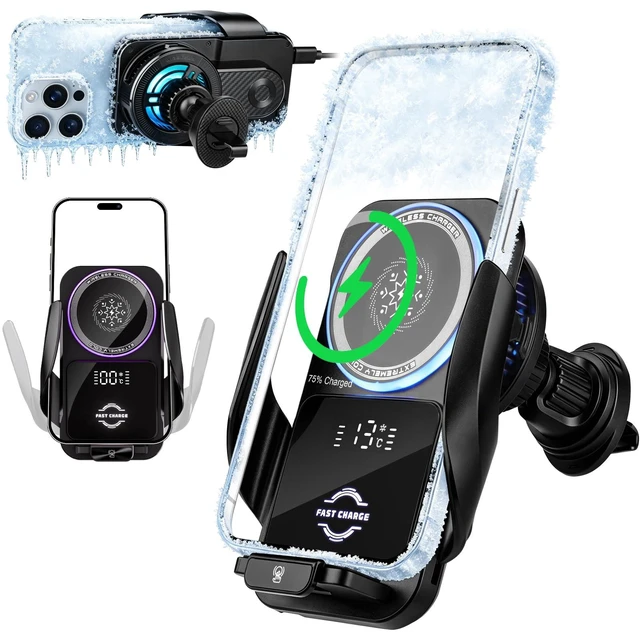 Alt view image 8 of 14 - Cooling Car Phone Holder, 15W Wireless Car Charger Mount, Smart Sensing Car Vent Phone Stand with RGB Ambient Light, Auto Clamping Anti-Shake Mount Stands Compatible for iPhone, Android Smartphones