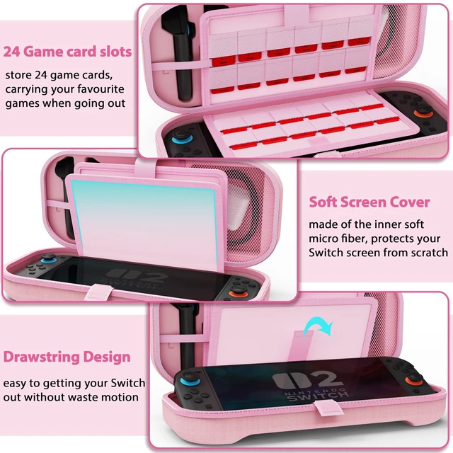 Alt view image 13 of 14 - Carrying Case for Nintendo Switch 2 Model(2025), Large Capacity Travel Case Fits Original Adapter, Joycons, 24 Game Cartridge, Protective Hard Shell Pouch for Switch 2 Accessories, Pink