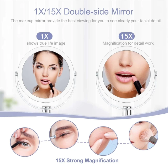 Alt view image 9 of 14 - Vanity Makeup Mirror with Stand, 1X/15X Magnification Double Sided 360 Degree Swivel, Portable Table Desk Counter top Magnifying Mirror, Tabletop Mirror for Bedroom or Dorm Room, 6.25 Inch