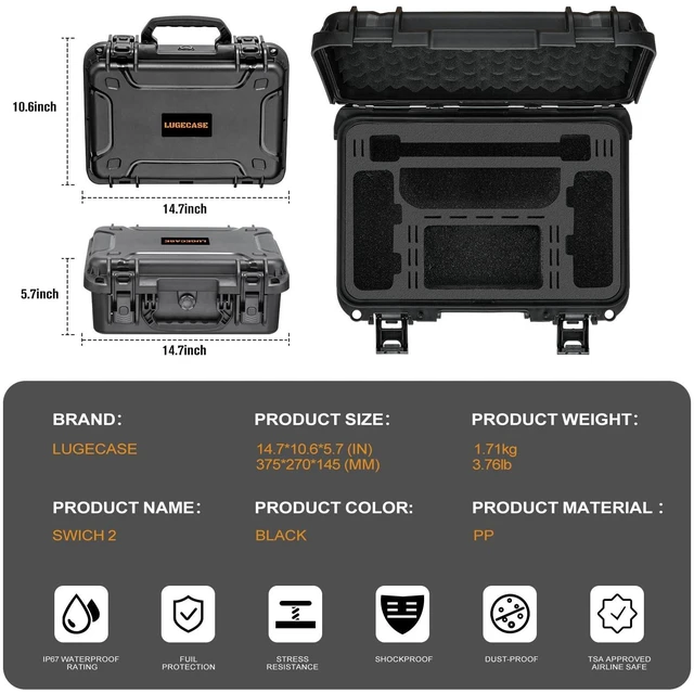 Alt view image 10 of 14 - Carrying Case for Nintendo Switch 2: Extra Large Capacity | Ip67 Waterproof | Deluxe Soft Lining Hard Travel Carrying Case for Switch 2 Console | Pro Controller | Dock & Accessories (Black)