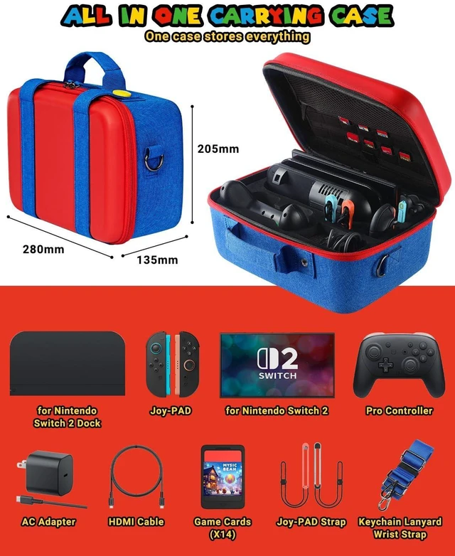Alt view image 9 of 14 - Switch 2 All in One Carrying Case for Nintendo Switch 2025 Console & Accessories, Portable Large Capacity Carry Storage for Travel, Hard Shell Case for Switch2, Dock, Pro Controller&Joypads