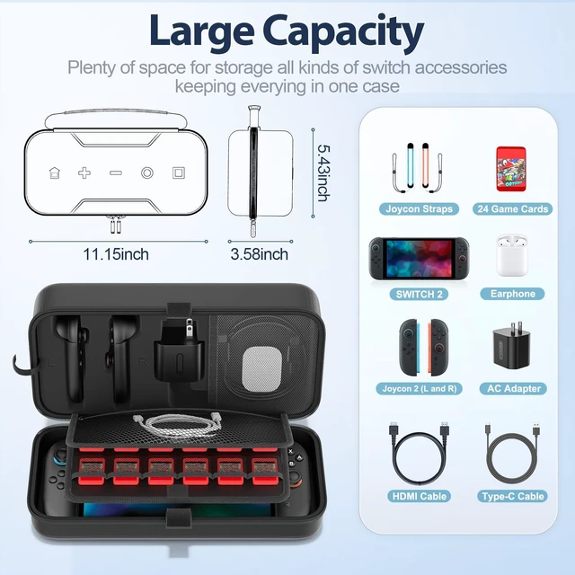 Alt view image 11 of 14 - Carrying Case Compatible with 2025 Nintendo Switch, Portable Switch 2 Travel Carry Case Fit for Joy-Con 2 & Adapter, Hard Shell Protective Pouch Bag with 24 Game Slots, Systems Sega Games, Black