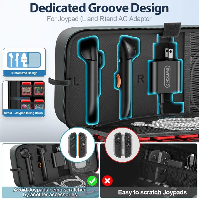 Alt view image 10 of 14 - Carrying Case Compatible with 2025 Nintendo Switch, Portable Switch 2 Travel Carry Case Fit for Joy-Con 2 & Adapter, Hard Shell Protective Pouch Bag with 24 Game Slots, Systems Sega Games, Black
