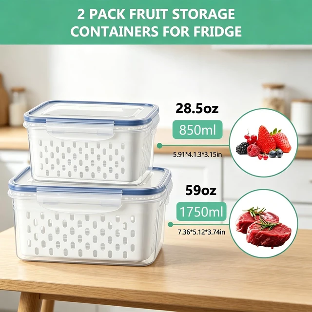 Alt view image 10 of 14 - 2-Pack Refrigerator Storage Containers with Removable Colander Baskets, Fridge Organizer Box for Fruits Vegetables, Keep Fresh & Tidy, Space Saving Kitchen Food Storage Container Set