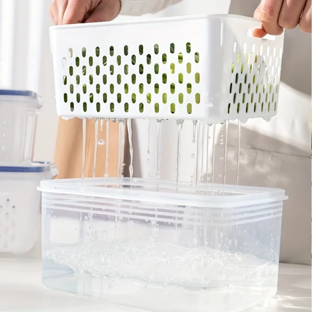 Alt view image 13 of 14 - 2-Pack Refrigerator Storage Containers with Removable Colander Baskets, Fridge Organizer Box for Fruits Vegetables, Keep Fresh & Tidy, Space Saving Kitchen Food Storage Container Set