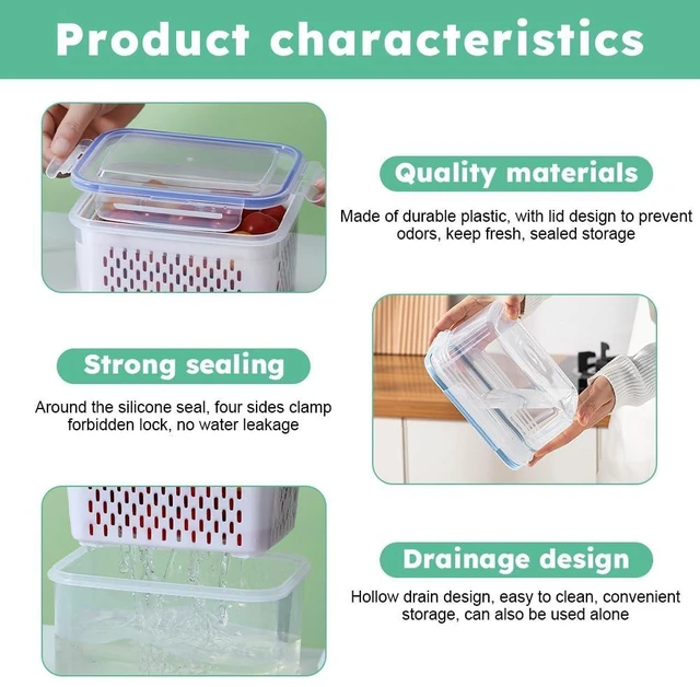 Alt view image 14 of 14 - 2-Pack Refrigerator Storage Containers with Removable Colander Baskets, Fridge Organizer Box for Fruits Vegetables, Keep Fresh & Tidy, Space Saving Kitchen Food Storage Container Set