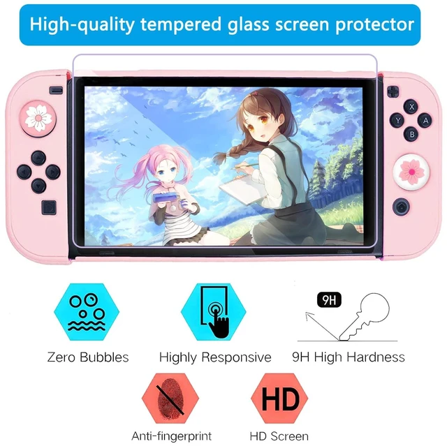 Alt view image 10 of 14 - Pink Dockable Protective Case Cover Compatible with Nintendo Switch Joy-Con Controllers,with Glass Screen Protector and 4 Thumb Grips,Shock-Absorption and Anti-Scratch (Pink)