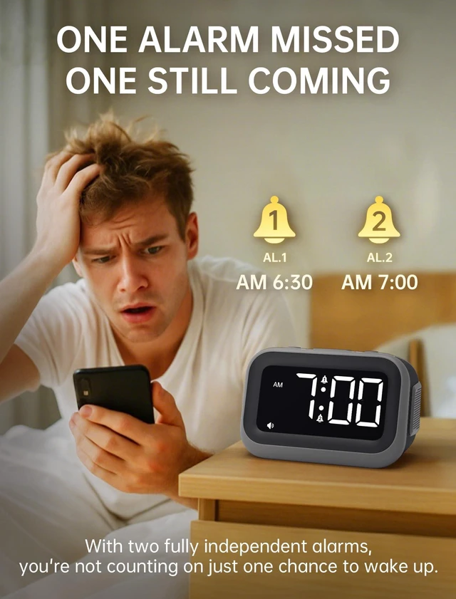 Alt view image 10 of 14 - Super Loud Alarm Clock: 115dB Dual Alarms and 6 Alarm Sounds for Heavy Sleepers - Adult Shift Workers in Bedroom or Daily Wake-Up Use - Gray