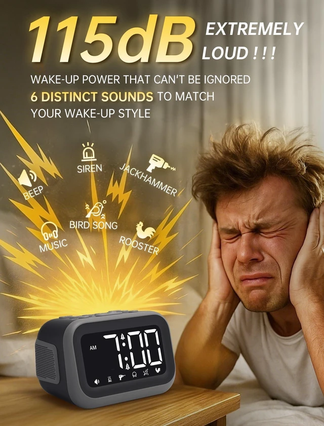 Alt view image 9 of 14 - Super Loud Alarm Clock: 115dB Dual Alarms and 6 Alarm Sounds for Heavy Sleepers - Adult Shift Workers in Bedroom or Daily Wake-Up Use - Gray