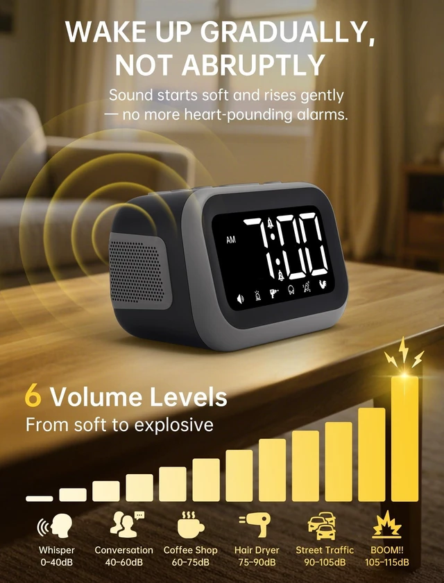 Alt view image 14 of 14 - Super Loud Alarm Clock: 115dB Dual Alarms and 6 Alarm Sounds for Heavy Sleepers - Adult Shift Workers in Bedroom or Daily Wake-Up Use - Gray