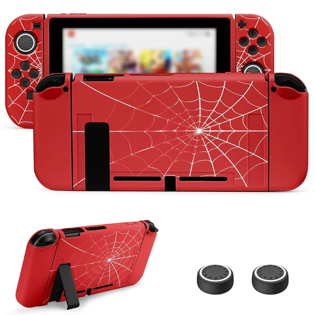 Alt view image 7 of 12 - Protective Case Compatible with Nintendo Switch 2017, TPU Case Accessory for Switch Console and Grip Joy-Con, Switch Protector with 4 Thumb Grips, Red Spider Web
