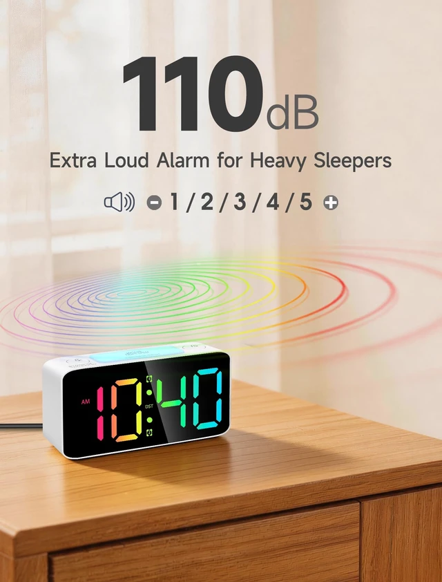 Alt view image 8 of 12 - 110dB Extra Loud Alarm Clock for Heavy Sleepers Adults, Digital Clock with 7 Color Night Light, RGB Display, Dual USB Charger, Small Clocks for Bedrooms, Kids, Teens (White+RGB)