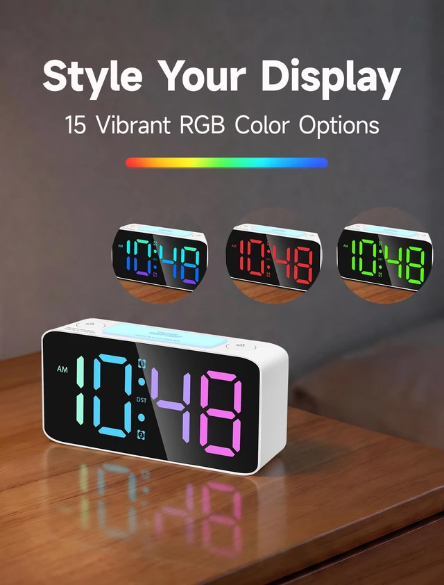 Alt view image 9 of 12 - 110dB Extra Loud Alarm Clock for Heavy Sleepers Adults, Digital Clock with 7 Color Night Light, RGB Display, Dual USB Charger, Small Clocks for Bedrooms, Kids, Teens (White+RGB)