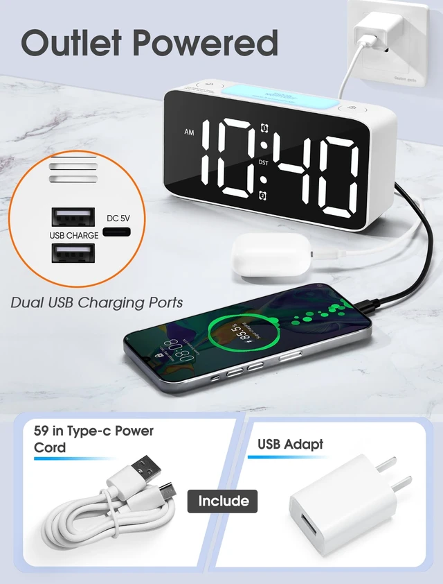 Alt view image 10 of 12 - 110dB Extra Loud Alarm Clock for Heavy Sleepers Adults, Digital Clock with 7 Color Night Light, RGB Display, Dual USB Charger, Small Clocks for Bedrooms, Kids, Teens (White+RGB)