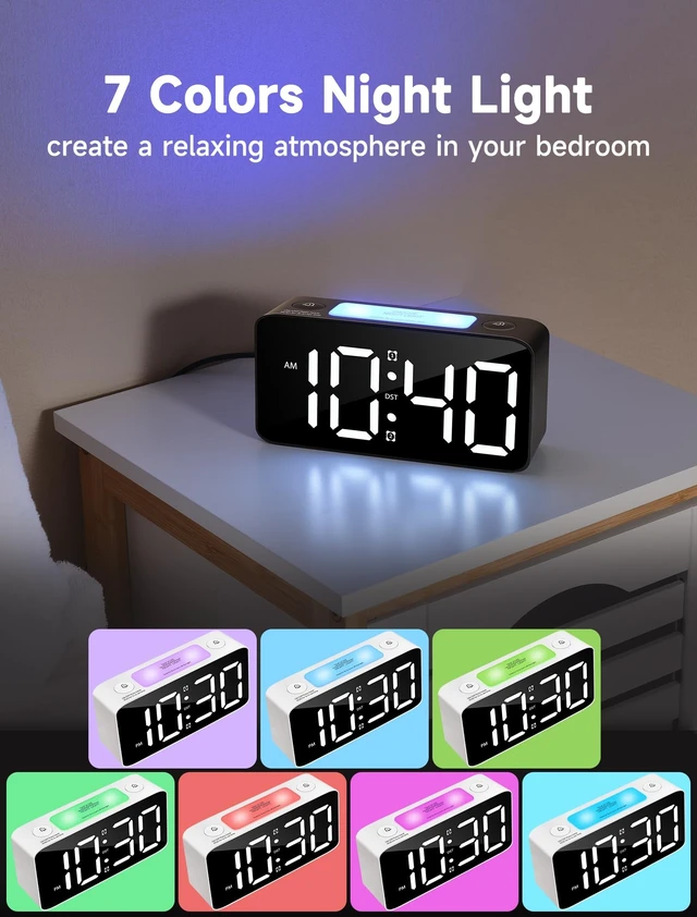 Alt view image 12 of 12 - 110dB Extra Loud Alarm Clock for Heavy Sleepers Adults, Digital Clock with 7 Color Night Light, RGB Display, Dual USB Charger, Small Clocks for Bedrooms, Kids, Teens (White+RGB)