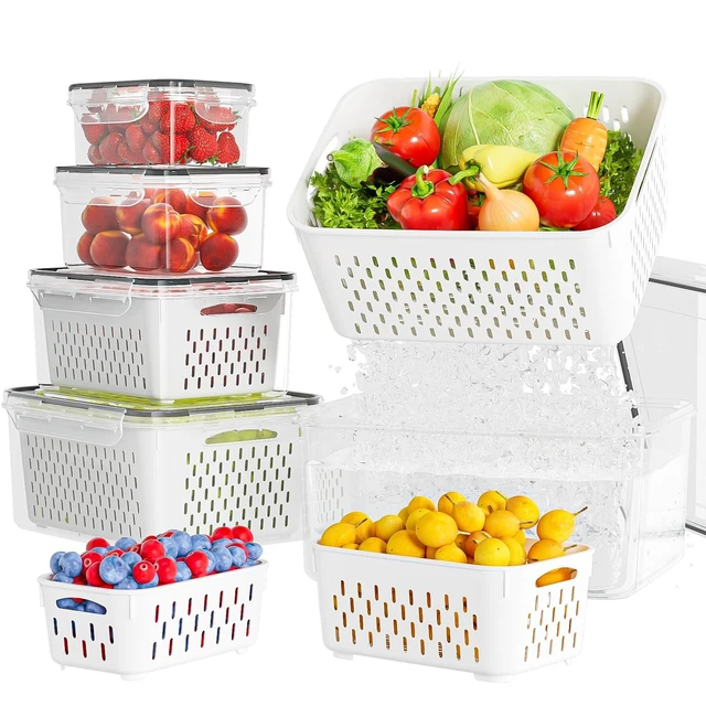 Alt view image 8 of 14 - 5 Pack Fruit Storage Containers for Fridge with Removable Colanders - Food Storage Containers with Lids, BPA-Free Produce Containers Keep Fruits, Vegetables, Berry, Meat Fresh Longer