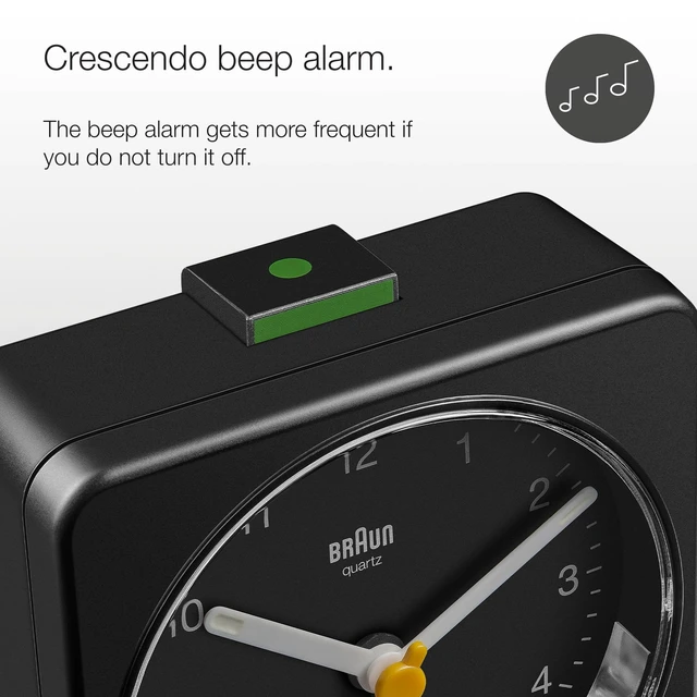 Alt view image 9 of 14 - Classic Analogue Alarm Clock with Snooze and Light, Quiet Quartz Sweeping Movement, Crescendo Beep Alarm in Black, Model BC03B.
