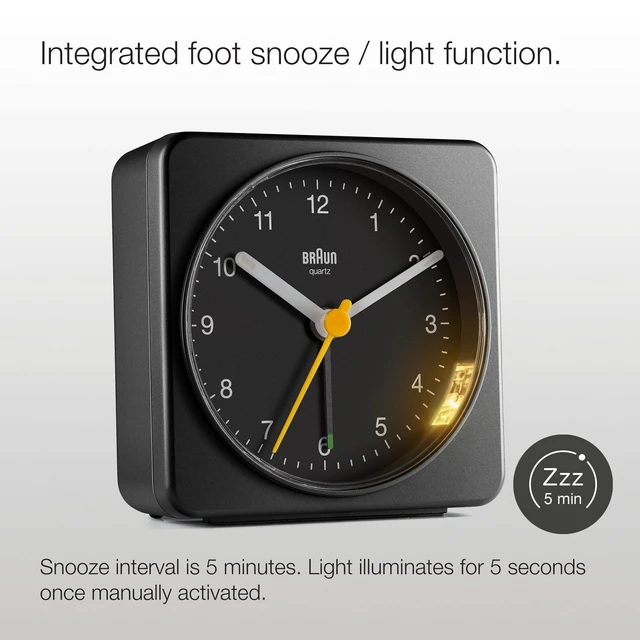 Alt view image 10 of 14 - Classic Analogue Alarm Clock with Snooze and Light, Quiet Quartz Sweeping Movement, Crescendo Beep Alarm in Black, Model BC03B.
