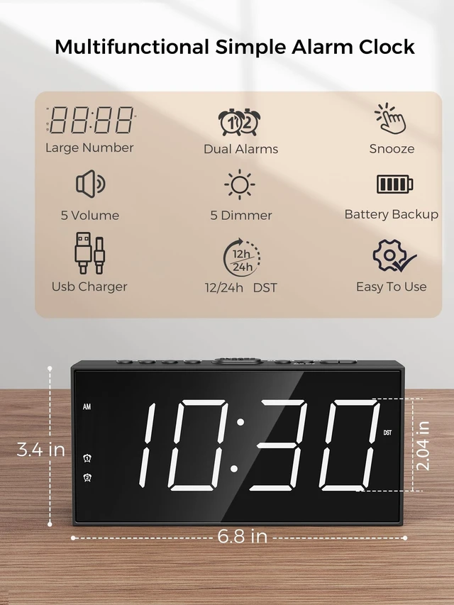 Alt view image 9 of 14 - Alarm Clock for Bedroom, 2 Alarms Loud LED Big Display Plug in Simple Basic Digital Clock with USB Charging Port, Adjustable Volume, Dimmable, Snooze for Deep Sleepers Kids Elderly Home Office