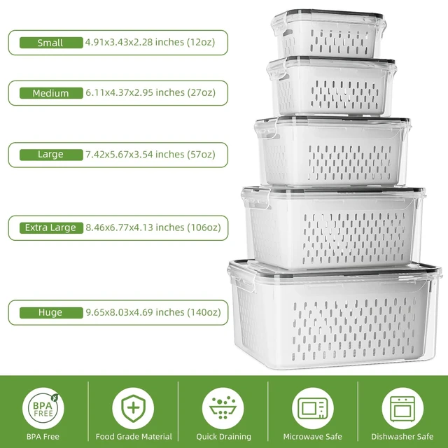Alt view image 10 of 14 - 5 Pack Fruit Storage Containers for Fridge with Removable Colanders - Food Storage Containers with Lids, BPA-Free Produce Containers Keep Fruits, Vegetables, Berry, Meat Fresh Longer