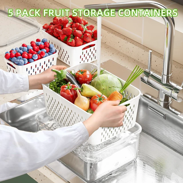 Alt view image 9 of 14 - 5 Pack Fruit Storage Containers for Fridge with Removable Colanders - Food Storage Containers with Lids, BPA-Free Produce Containers Keep Fruits, Vegetables, Berry, Meat Fresh Longer