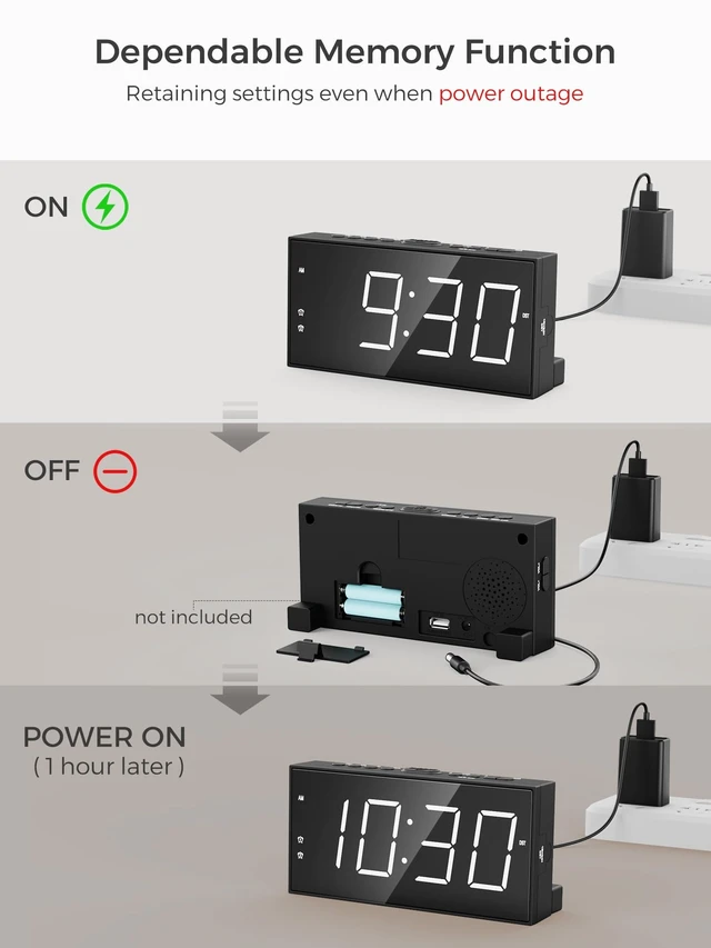 Alt view image 13 of 14 - Alarm Clock for Bedroom, 2 Alarms Loud LED Big Display Plug in Simple Basic Digital Clock with USB Charging Port, Adjustable Volume, Dimmable, Snooze for Deep Sleepers Kids Elderly Home Office