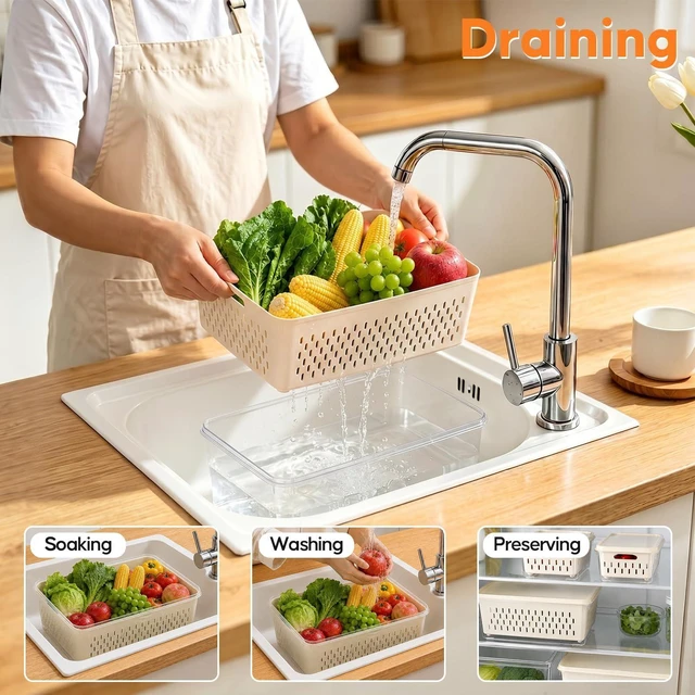 Alt view image 10 of 14 - Fruit Storage Containers for Fridge with Soft Lid - 4 Pack Food Storage Container with Removable Colander, Airtight Produce Saver Containers Keep Berry, Fruits, Vegetables, Meet Fresh Longer