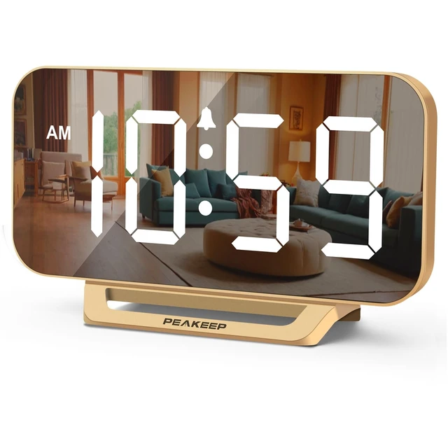Alt view image 8 of 14 - Slim Digital Mirror Aesthetic Alarm Clock for Bedrooms Desk Decor - Plug in Electric Big LED Modern Small Clock for Office Living Room, Battery Backup, 6 Dimmers (Gold)