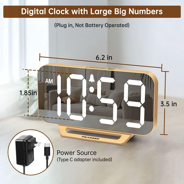 Alt view image 9 of 14 - Slim Digital Mirror Aesthetic Alarm Clock for Bedrooms Desk Decor - Plug in Electric Big LED Modern Small Clock for Office Living Room, Battery Backup, 6 Dimmers (Gold)