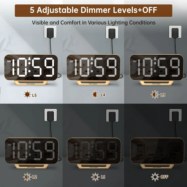 Alt view image 11 of 14 - Slim Digital Mirror Aesthetic Alarm Clock for Bedrooms Desk Decor - Plug in Electric Big LED Modern Small Clock for Office Living Room, Battery Backup, 6 Dimmers (Gold)