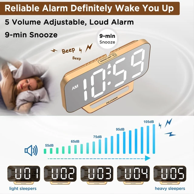 Alt view image 12 of 14 - Slim Digital Mirror Aesthetic Alarm Clock for Bedrooms Desk Decor - Plug in Electric Big LED Modern Small Clock for Office Living Room, Battery Backup, 6 Dimmers (Gold)