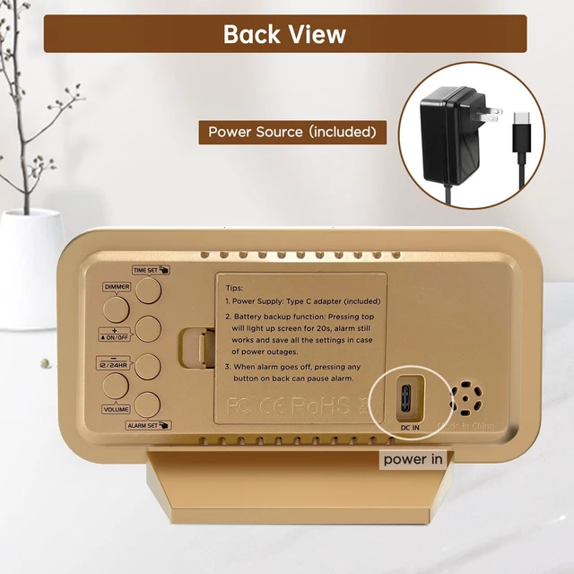 Alt view image 14 of 14 - Slim Digital Mirror Aesthetic Alarm Clock for Bedrooms Desk Decor - Plug in Electric Big LED Modern Small Clock for Office Living Room, Battery Backup, 6 Dimmers (Gold)