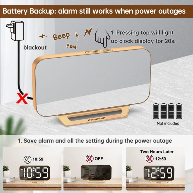 Alt view image 13 of 14 - Slim Digital Mirror Aesthetic Alarm Clock for Bedrooms Desk Decor - Plug in Electric Big LED Modern Small Clock for Office Living Room, Battery Backup, 6 Dimmers (Gold)