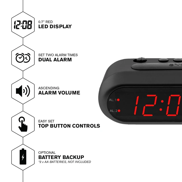 Alt view image 8 of 12 - Digital Alarm Clock for Heavy Sleepers, Dual Alarm, Red LED, Black