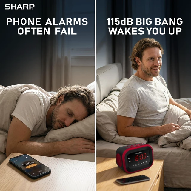 Alt view image 9 of 14 - Super Loud Alarm Clock for Heavy Sleepers, 115dB Extreme Wake-Up Alarm, Dual Alarms, 6 Wake Sounds, Large Red LED Display, Dimmer Control & Battery Backup, Bedroom Clock