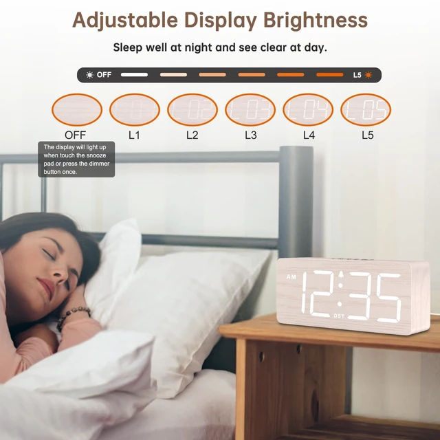 Alt view image 10 of 12 - Digital Alarm Clock for Bedroom - Desk Clock for Living Room with Large Numbers, Dimmer, Loud Alarm for Heavy Sleepers with Volume Control, DST, Office Wood Decor (Plug in Clock)