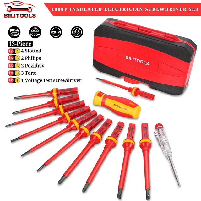 Alt view image 8 of 12 - Insulated Electrician Screwdriver Set - 13pcs Electrical Tools Kit with Magnetic CR-V Steel Tips, Insulated Handle, Phillips, Slotted, Pozi, Torx Screwdrivers, VDE & GS Certified