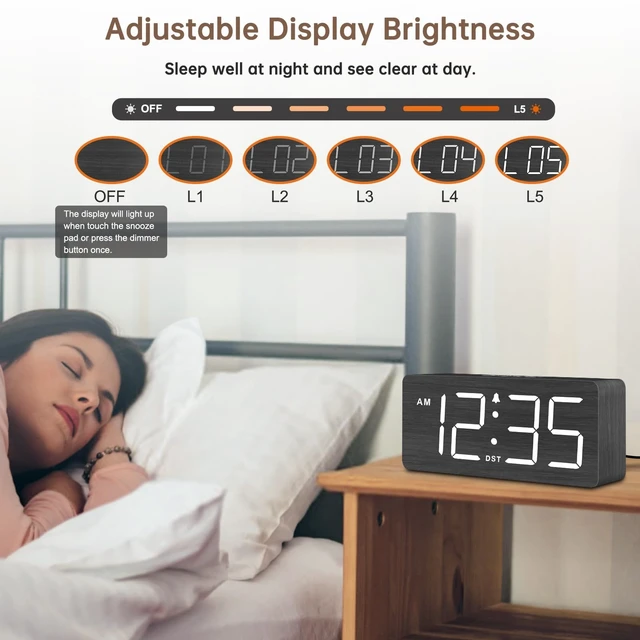 Alt view image 11 of 14 - Wooden Digital Alarm Clock for Bedroom - Loud Alarm Clock for Heavy Sleepers with Volume Control, Desk Clocks for Living Room with Large Numbers, Dimmer, DST, Wood Decor (Plug in Clock)
