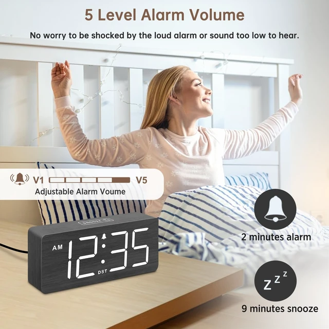 Alt view image 10 of 14 - Wooden Digital Alarm Clock for Bedroom - Loud Alarm Clock for Heavy Sleepers with Volume Control, Desk Clocks for Living Room with Large Numbers, Dimmer, DST, Wood Decor (Plug in Clock)