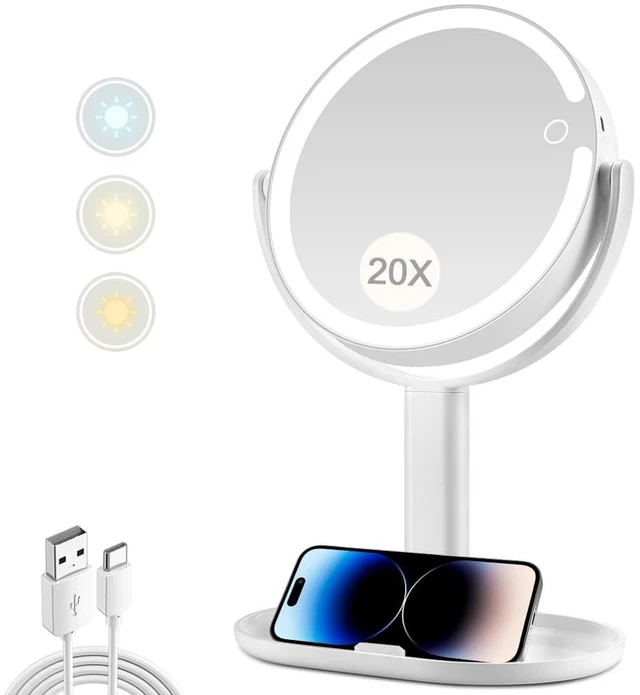 Alt view image 8 of 14 - Makeup Mirror with Lights,20X Magnifying Mirror with Light and Touch Switch,Vanity Mirror with 3 Color Light and 80 LEDs,2-Sided Lighted Magnified Mirror 8.8 Inches