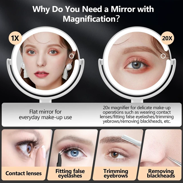 Alt view image 10 of 14 - Makeup Mirror with Lights,20X Magnifying Mirror with Light and Touch Switch,Vanity Mirror with 3 Color Light and 80 LEDs,2-Sided Lighted Magnified Mirror 8.8 Inches