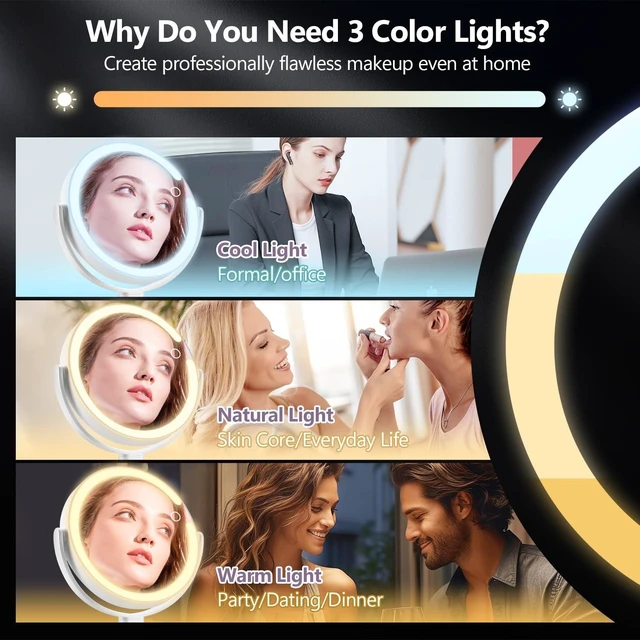 Alt view image 11 of 14 - Makeup Mirror with Lights,20X Magnifying Mirror with Light and Touch Switch,Vanity Mirror with 3 Color Light and 80 LEDs,2-Sided Lighted Magnified Mirror 8.8 Inches