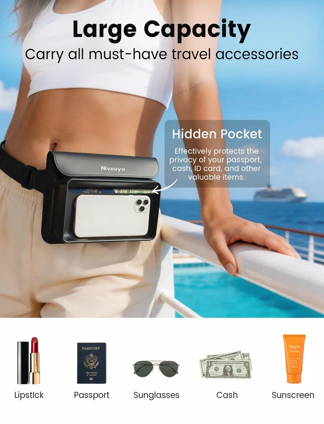 Alt view image 11 of 14 - IPX8 Waterproof Fanny Pack for Men Women, Large Capacity Touch Screen Dry Bag for Kayaking, Paddle Boarding, Waterpark & Swimming Essentials, Adjustable Waist Strap Pouch for Cell Phone