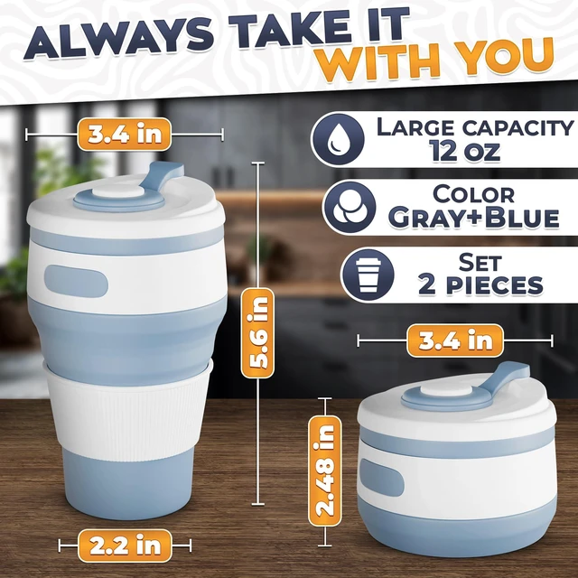 Alt view image 9 of 14 - Collapsible Cups for Traveling, 12oz 2-Pack Silicone Coffee Cups | Collapsible Coffee Cup with Lid, Compact 3.4 x 5.6 in, Leak-Resistant | Lightweight Reusable Travel Cup for Hiking, Camping