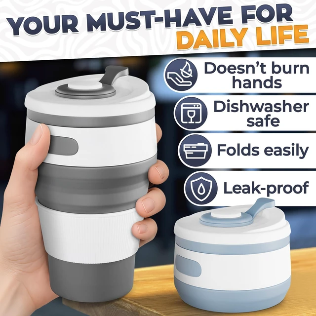 Alt view image 11 of 14 - Collapsible Cups for Traveling, 12oz 2-Pack Silicone Coffee Cups | Collapsible Coffee Cup with Lid, Compact 3.4 x 5.6 in, Leak-Resistant | Lightweight Reusable Travel Cup for Hiking, Camping