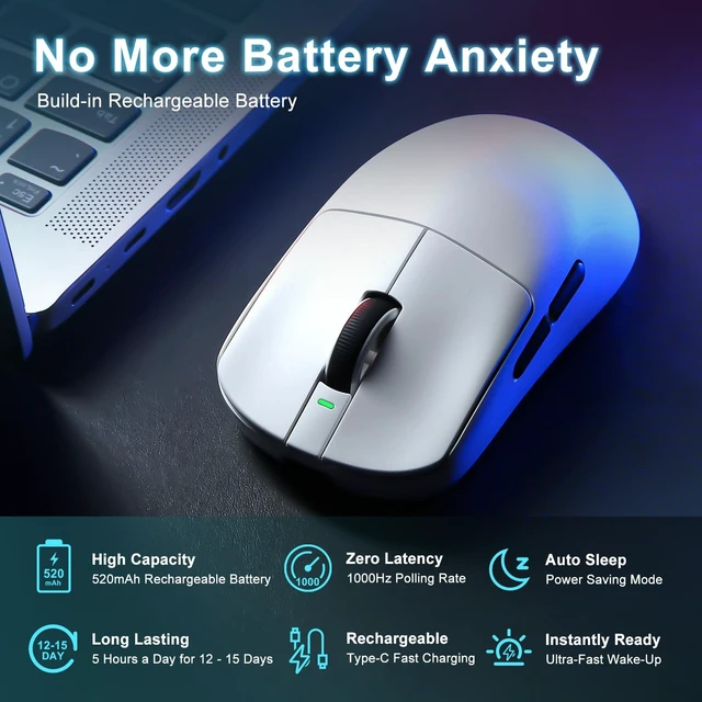 Alt view image 9 of 14 - Wireless Gaming Mouse, 18000 DPI,PAW3395 SE Sensor,55g Lightweight,Tri-Mode 2.4G/BT5.0/USB-C Mouse, Programmable Ergonomic Mice Suitable for Laptops/PC/Mac (White)