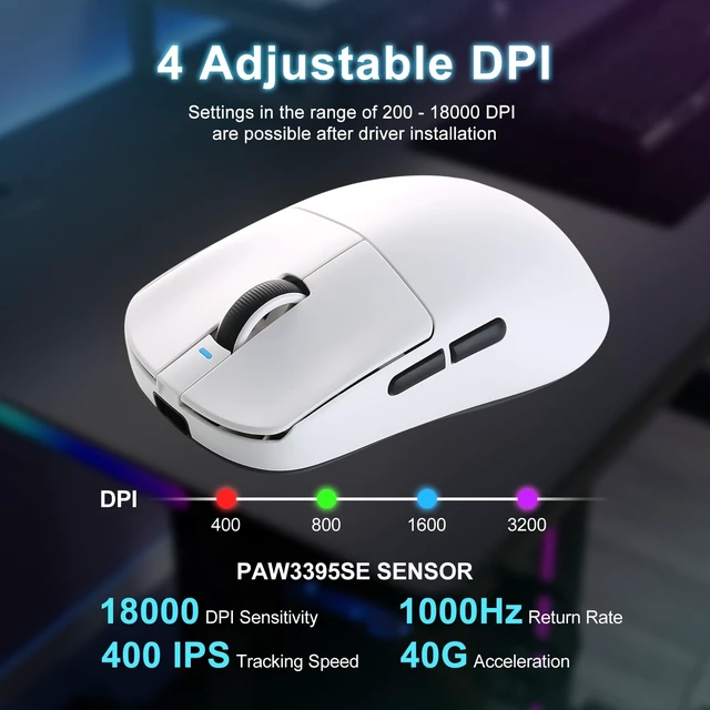 Alt view image 10 of 14 - Wireless Gaming Mouse, 18000 DPI,PAW3395 SE Sensor,55g Lightweight,Tri-Mode 2.4G/BT5.0/USB-C Mouse, Programmable Ergonomic Mice Suitable for Laptops/PC/Mac (White)